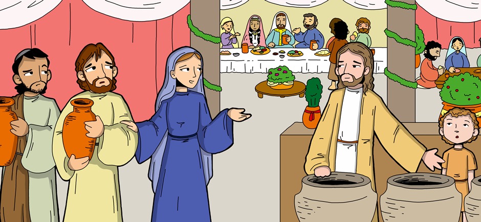 Las bodas de Caná.  Jesús hace su primer milagro y sus discípulos creen en Él